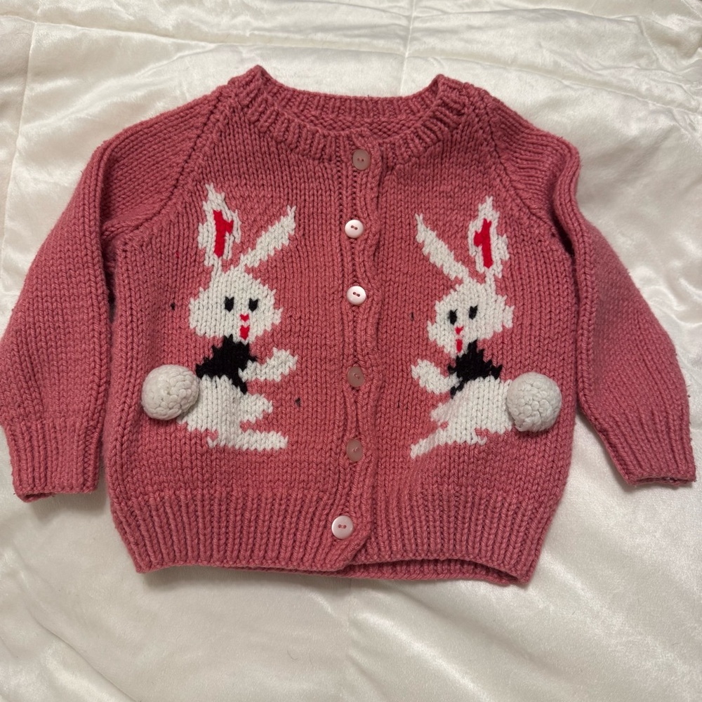 Handmade Vintage Pink Bunny Knit Kids Toddler Cardigan Easter Spring